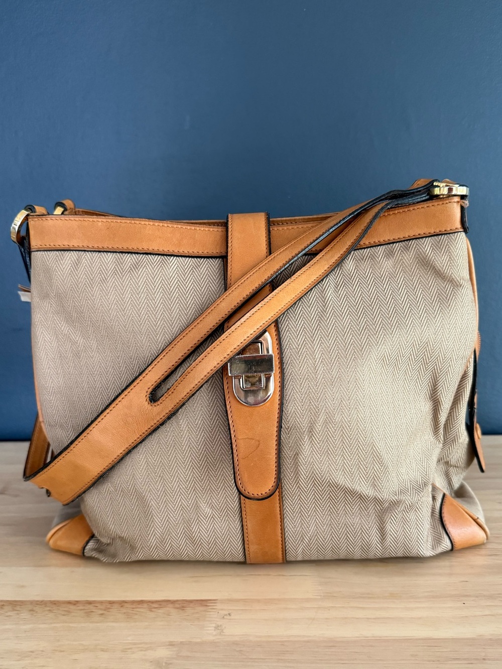 Mark Cross Herringbone & Leather Shoulder Bag Vintage Made in Italy